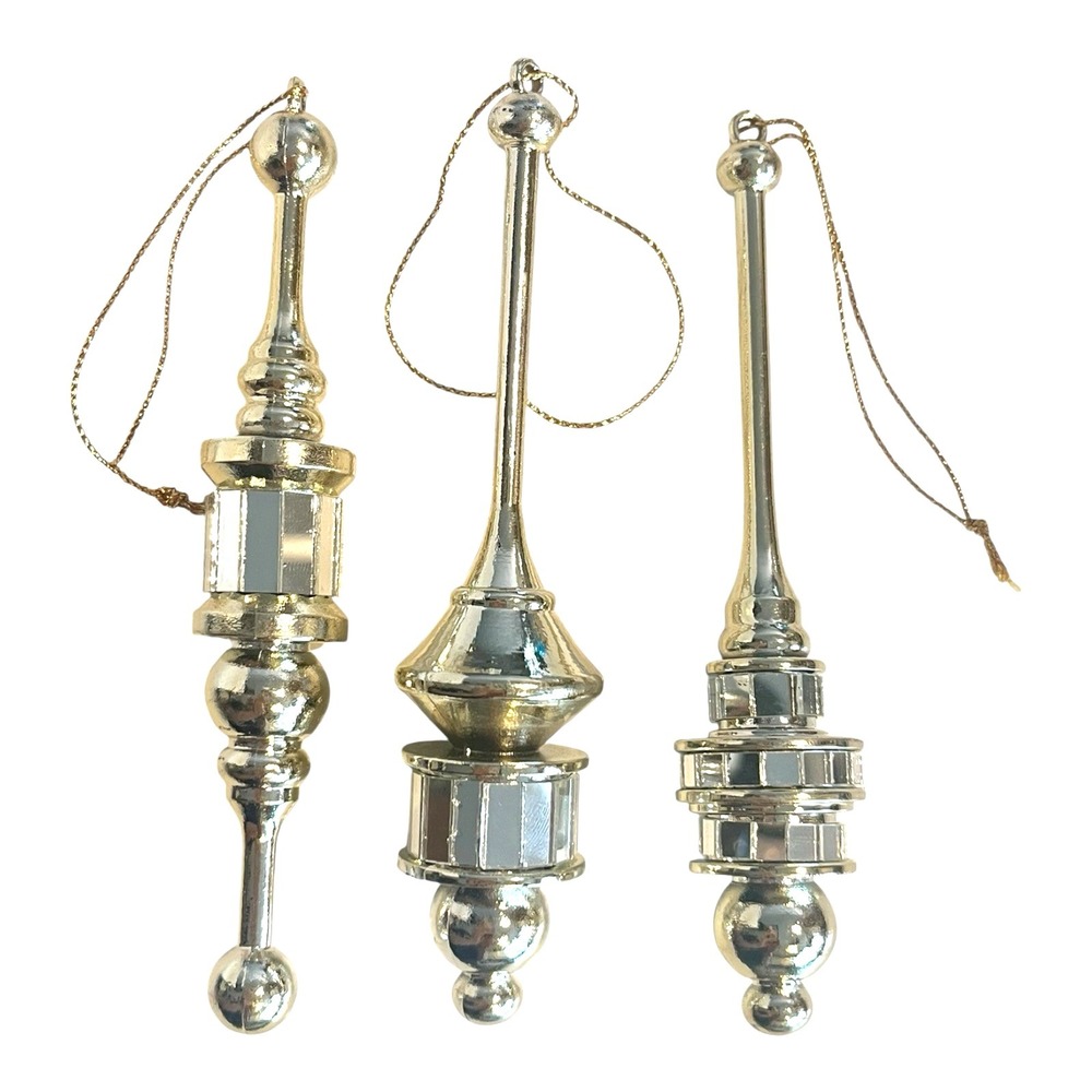 Vintage Finial Silver Tone Mirrored Christmas Ornament 5" Set of 3